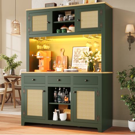 REDOM - Armoire de rangement haute - 120x40x180 cm - étagères réglables - tiroirs- portes en PE rotin - lumière USB- vert antique (1/5)