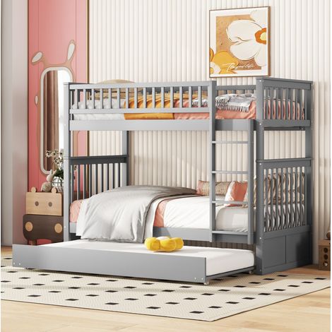 Lit superposé moderne en pin gris 90x200 cm avec lit gigogne, escalier latéral et garde-corps hauts