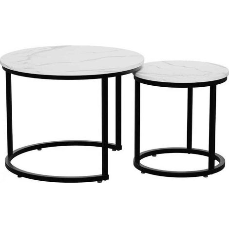 Table basse ronde gigogne 2 pièces en panneau de particules et métal noir, 60x60 cm et 40x40 cm, pour salon et bureau (1/5)
