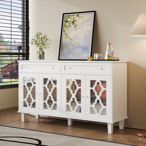 Credenza bianca da soggiorno con 4 ante a specchio, 2 cassetti, ripiani regolabili e maniglie in cristallo (1/5)