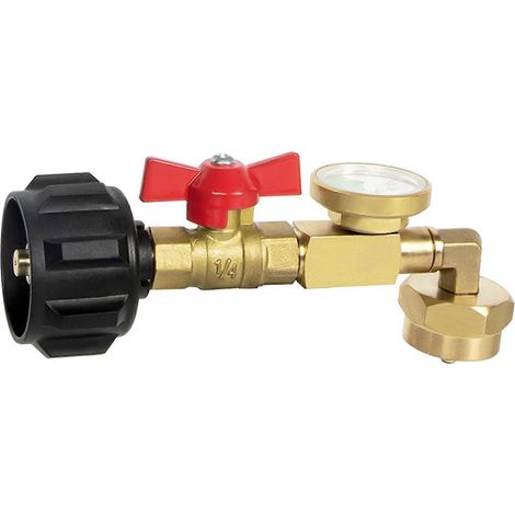 Adaptateur de remplissage de propane avec valve et manomètre, pour remplir une bouteille de 450 g à partir d'une bonbonne de 9 kg, conception coudée à 90°.