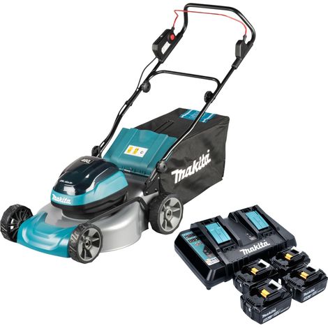 Tondeuse à gazon sans fil Makita DLM 466 PT4 36 V (2x 18 V) 46 cm sans balais + 4 batteries 5,0 Ah + chargeur