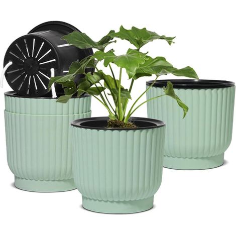 Maceta de plástico con sistema de riego - Maceta con autorriego - Verde - Para interior y exterior - Maceta para orquídeas - Maceta para hierbas - Hidroponía - Juego de 4 (1/3)