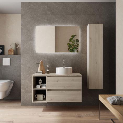 Meuble de salle de bain BEQUIA PLUS 100cm Naturel Vasque à poser Porcelaine Côté réversible 2H (1/5)