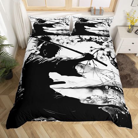 Parure de lit samouraï 135 x 200 cm, impression de style japonais, housse de couette japonaise, noir et blanc, housse de couette japonaise (1/4)