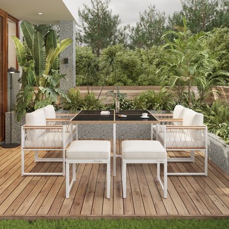 Conjunto de Mesa y Sillas de Jardín de 7 Piezas con 1 Mesa, 4 Sillones y 2 Reposapiés, Metal Ratán y Tela Natural Blanco (1/5)