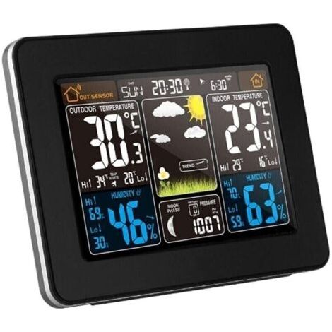 Estación meteorológica inalámbrica con alerta y funciones de temperatura, humedad, barómetro, alarma, reloj lunar y pronóstico del tiempo, con sensor exterior digital y pantalla a color PT3365.