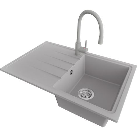 PRIMAGRAN Evier Cuisine en Granit 78x50cm,Lavabo 1 bac + Robinet 38x14cm + Kit de Vidage, Évier à Encastrer au meuble 45cm - Milan, Gris (1/5)