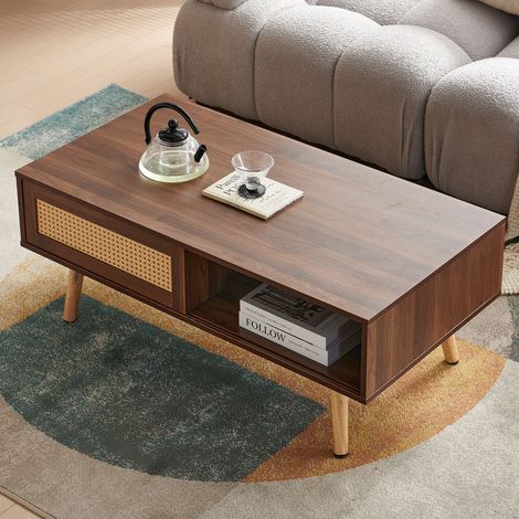 Couchtisch aus Holz mit Schiebetür aus Rattan, moderner Wohnzimmertisch mit Massivholzbeinen, 105x55x40 cm, Walnussfarben