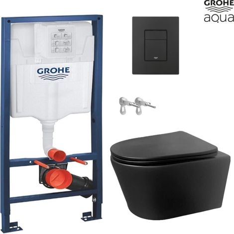 Bastidor GROHE pack cisterna empotrada y pulsador negro mate con inodoro suspendido Rimless LIA negro mate de AzulBath