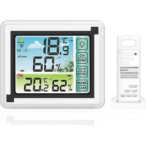Station Météo Sans Fil Avec Capteur Extérieur Thermomètre et Hygromètre Numérique Intérieur Extérieur Rétroéclairage Réglable avec Grand écran LCD pour la Maison et Le Bureau