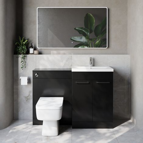 Napoli 390 Cento Matt Black 1200mm 2 Door Vanity Unit Toilet Suite with Glide Basin - 1200mm - Chrome 160mm HandleWith Kingston Toilet Pan and Seat