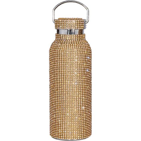 Diamantgeschliffene Edelstahl-Trinkflasche mit Strasssteinen, 100 % neu und vergoldet