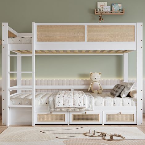 Lit superposé pour enfants 90 x 200 cm, barrières en rotin tressé raffiné, tiroirs à roulettes, barrières, blanc + couleur naturelle (1/5)