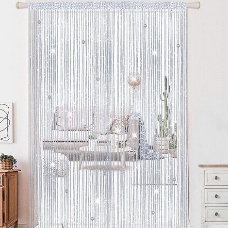 1 rideau de perles argentées - 100 x 200 cm - Rideau de perles de cristal - Rideau de porte - Décoration d'intérieur - Rideau de fils - Rideau séparateur de pièce