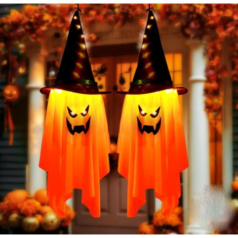 Decoration Halloween Exterieur Interieur, 2PCS Fantome Halloween Effrayante Suspendu avec Chapeau Sorcier Guirlande Lumineuse, LED Fantômes Lumineux Deco (1/5)