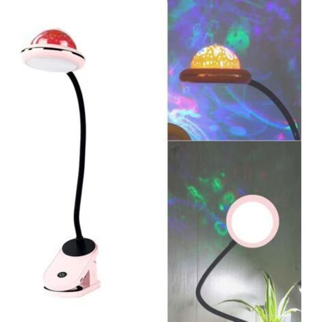 Lampe à pince pour enfants, lampe de lecture à pince LED rechargeable par USB avec projection d'étoiles, lampe de chevet à col de cygne 360° tactile à intensité variable (rose) (1/5)