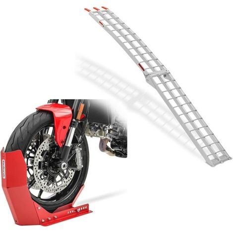 Rampe di Carico Alu II in Alluminio max. 340 kg pieghevole per Moto ATV + Blocco Ruota Easy-Fix Cavalletto Anteriore a 21 Pollici rosso