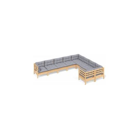 Salon de jardin 9 pcs avec coussins gris Bois de pin (1/5)