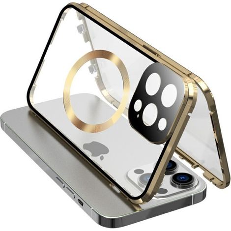 Funda magnética de doble cristal MagSafe para iPhone 15, color dorado. (1/5)