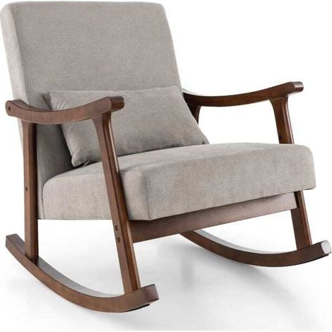 Fauteuil à bascule marron en bois massif avec coussin moelleux et accoudoirs en bois d'hévéa pour salon, chambre et chambre bébé (1/5)