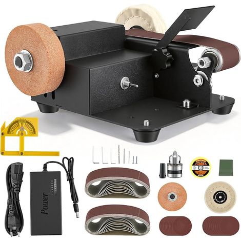 Mini Belt Sander, Electric Belt Sander, 7 Speed Adjustable Polisher, Sander with 20 Sanding Belts and 20 Sheets Sandpaper, Knife Sharpener with Grinding Wheel Mandrel (1/5)