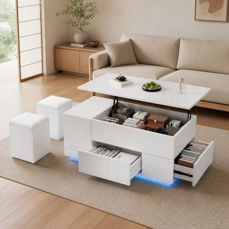 Tavolino da salotto 100x50x45 cm bianco sollevabile con LED, 2 cassetti, MEUBLIV (1/5)