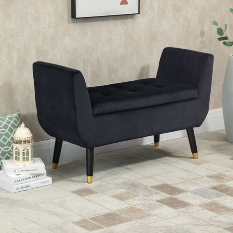 Banquette de Rangement avec Accoudoirs, Assise Relevable Capitonnée, Pieds Réglables, Polyester Noir, 107 x 42 x 65 cm (1/5)