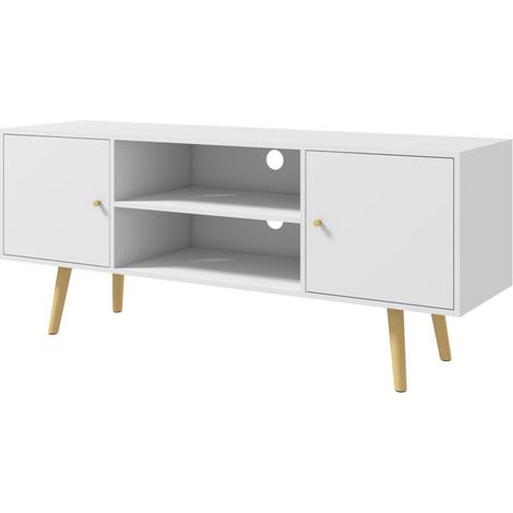 Meuble TV Meuble TV style scandinave 2 portes 2 niches passe-fils piètement bois pin panneaux blanc - 120 x 34 x 50 cm blanc (1/5)