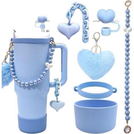 Kit d'accessoires Coupe Stanley avec chaînette à billes, paille en forme de fleur et pompon bleu M
