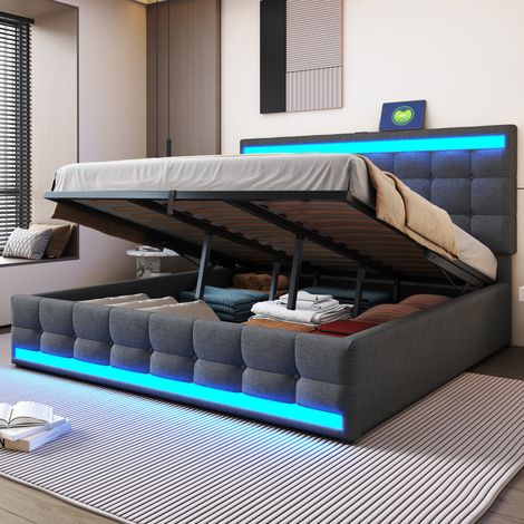 Cama tapizada 180/200 cm gris de lino con LED RGB y puertos USB (1/5)