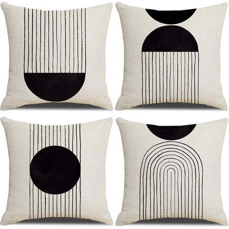 JSSEVN - Set of 4 Bohemian Style Decorative Cushion Covers in Cotton and Linen with Zipper, Arch and Sun Pattern, 45.7 x 45.7 cm, Black and White (1/5)