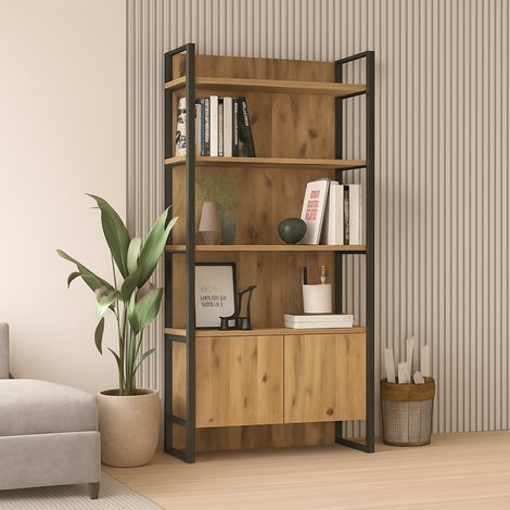 Librería Georges, Biblioteca 4 Estantes, Una Puerta, Instalación en Suelo, 90x34x180h cm Roble Marrón (1/5)