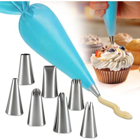 7 Douilles Patisserie et 1 Poches à Douille en Silicone Réutilisable,Poche à Douille,pour Décoration DIY Cupcake et Muffins Gâteaux,Réutilisable,Bleu (1/5)