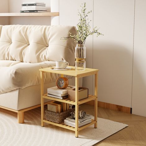 Table d'appoint en bambou naturel à 3 niveaux avec étagères à lattes, idéale pour les petits espaces, le salon et la chambre. (1/5)