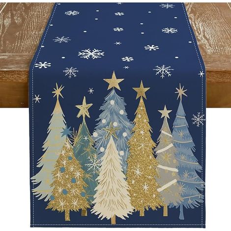 Chemin de table de Noël 13 x 72 pouces, décorations de table style ferme pour fêtes d’hiver avec arbres et flocons de neige, adaptées à la cuisine et aux soirées de dîner intérieures et extérieures (b (1/4)