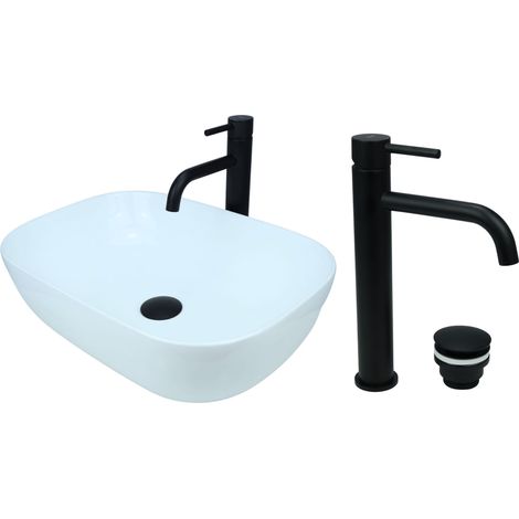 GTM Design Aufsatzwaschbecken 46 cm Glanz Set mit Waschtischbatterie und Stopfen - Aufsatzwaschbecken Oval für Badezimmer - Modernes Waschbecken ohne Hahnloch - Waschbecken mit Armature (1/5)