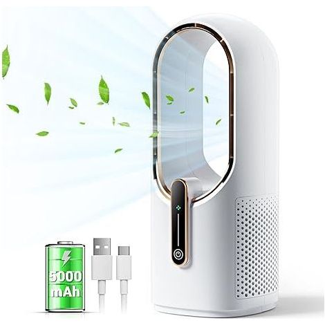 Ventilateur de bureau sans pales, petit ventilateur rechargeable de 30 cm (11,8 pouces), silencieux, 3 vitesses, commande tactile, facile à nettoyer.