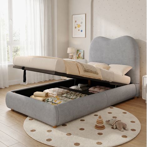 Cama infantil 90x200 cm gris de lino con almacenaje hidráulico (1/5)