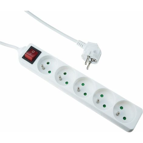 Multiprise Électrique - 5 Prises - Interrupteur Marche/Arrêt - 16 A - 3680 W - Câble 3 M - Protection Enfants - Blanc (1/4)
