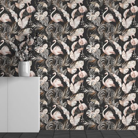 Papier peint panoramique - Motif Fleurs Flamants Roses - 130 cm x 81 cm (1/3)