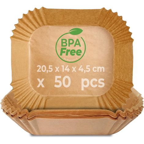 50 Moules Papier Cuisson, Rectangulaire 20,5x14x4,5cm, Antiadhésif, Résistant Chaleur 220°C, Friteuse Sans Huile 5-11L (1/5)