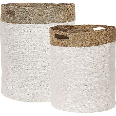Ensemble de Paniers à Linge en Coton Tissé Blanc et Beige Clair Kardh (1/5)