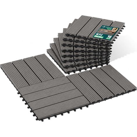 Lot de 16 Dalles Clipsables WPC 30x30 cm Caillebotis de Terrasse Antidérapants et Drainants Dalles de Sol Découpables Résistantes à l’Eau pour Balcon Jardin Patio Piscine Gris (1/5)