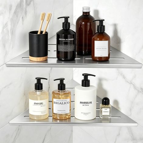 Lot de 2 Étagères d’Angle pour Douche en Acier INOX 304 étagère d’Angle Mural 1,5mm d'ép. Encastrée dans Le carrelage avec Fentes d’écoulement pour Salle de Bain et Cuisine (Brossée, 254mm) (1/5)