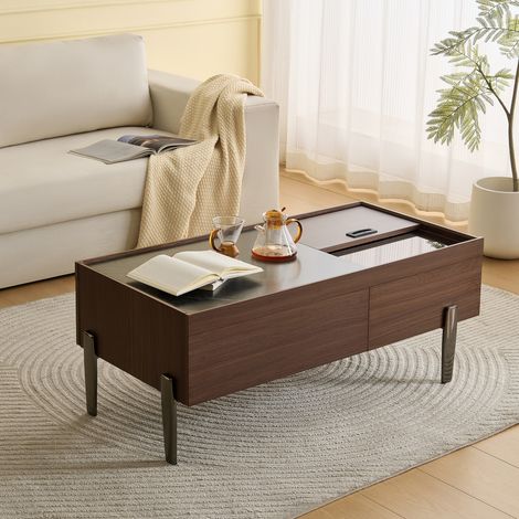 Mesa de centro de madera con cajones tapa de cristal y patas de metal marrón oscuro (1/5)
