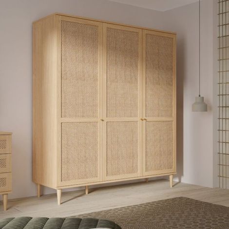 Armadio Livia 3 ante battenti con dettaglio in rattan intrecciato colore rovere