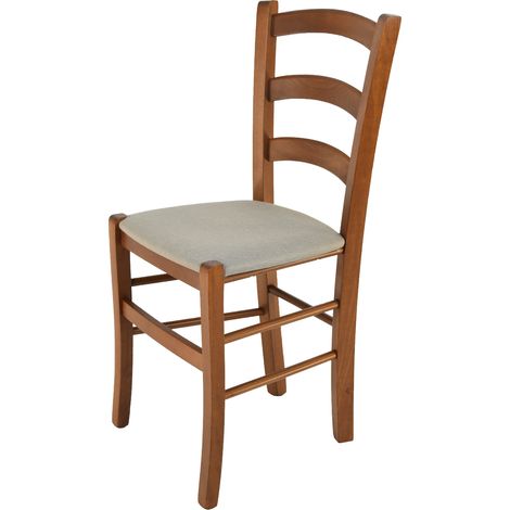 Tommychairs - Sedia modello Venice per cucina bar e sala da pranzo, robusta struttura in legno di faggio color noce chiaro e seduta rivestita in tessuto colore camoscio (1/5)