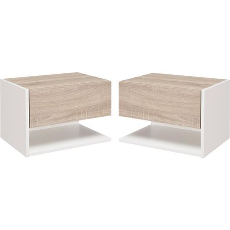 Tables de chevet suspendues Lot de 2 - Tables de Nuit murale - tiroir Coulissant - en Bois Bicolore Aspect chêne clair blanc