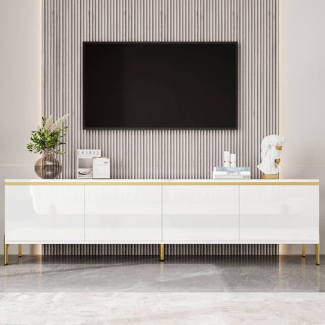 Meuble TV 170 cm, 4 portes avec passe-câbles, finition brillante et pieds en métal, salon, Blanc (1/5)